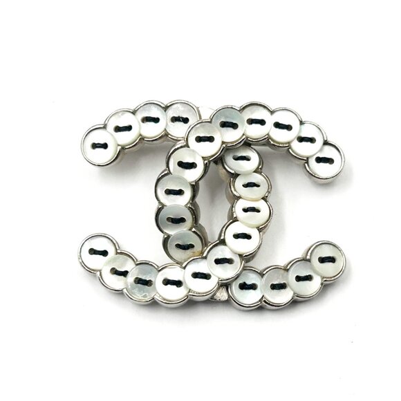 Chanel Rare Silver CC Mother of Pearl Button Brooch - Picture 1 of 3